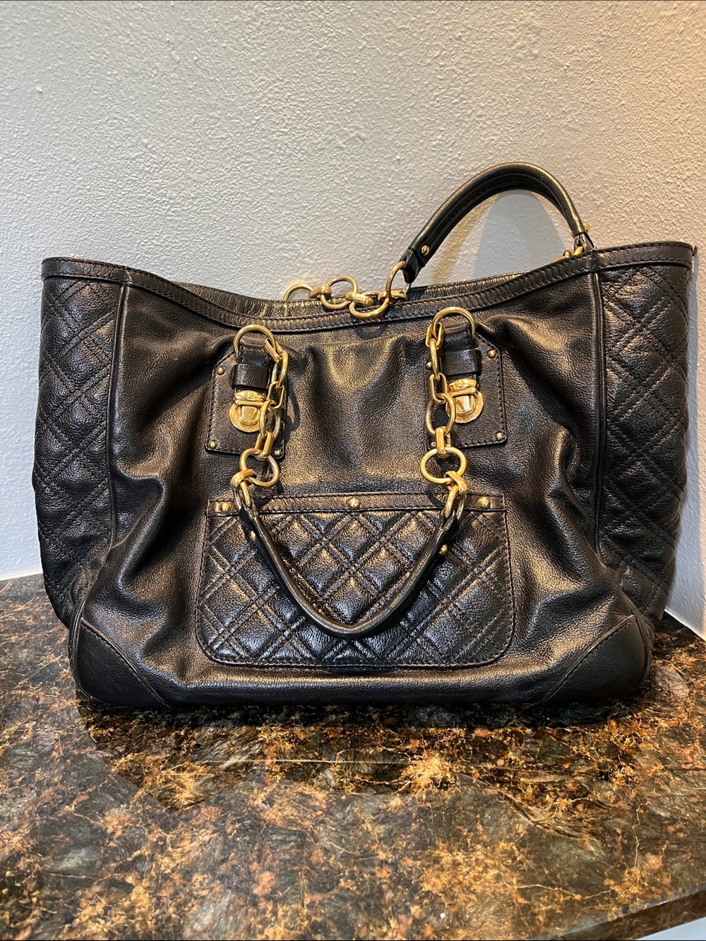 Marc Jacobs Black Quilted Leather Tote with Gold Chain Hardware